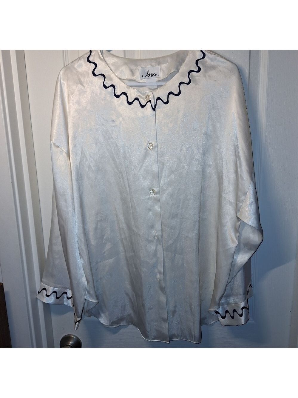 Josie White Satin Blouse with Navy Accents Large